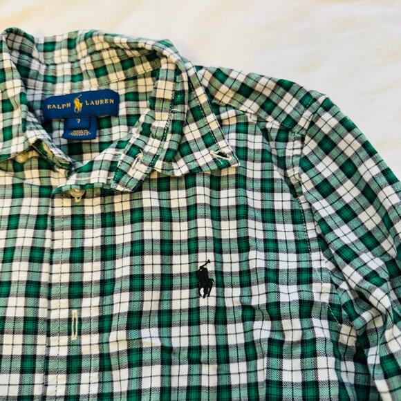 Ralph Lauren Dark Green White Black Plaid Boys Button Down Flannel Shirt Size 7 - Picture 4 of 5